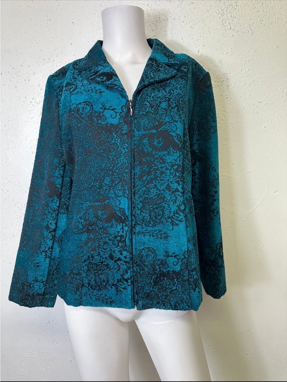 Christopher & Banks Teal and Black Floral Jacquard Zip Jacket